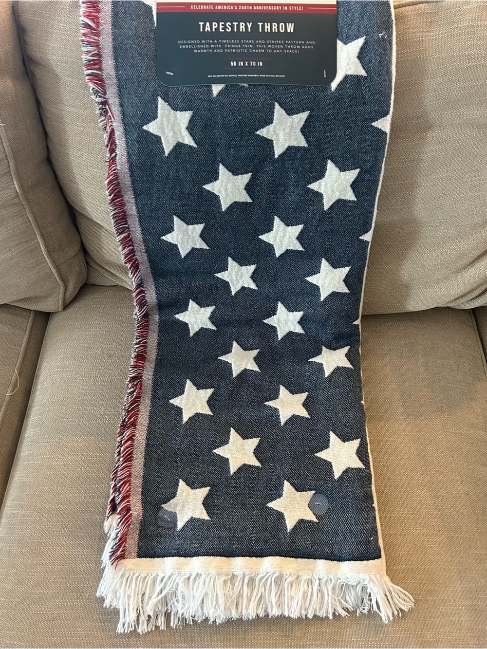 “New” Harper Red,White & Blue Stripes/Star Tapestry Throw 50 x 70